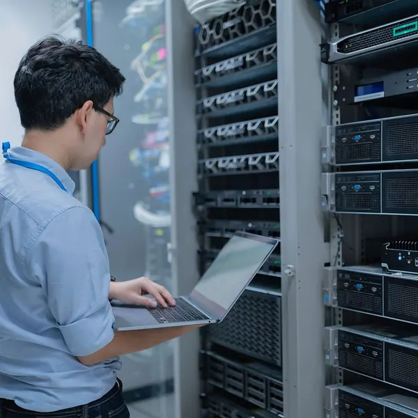 IT technician with a laptop working at a server rack